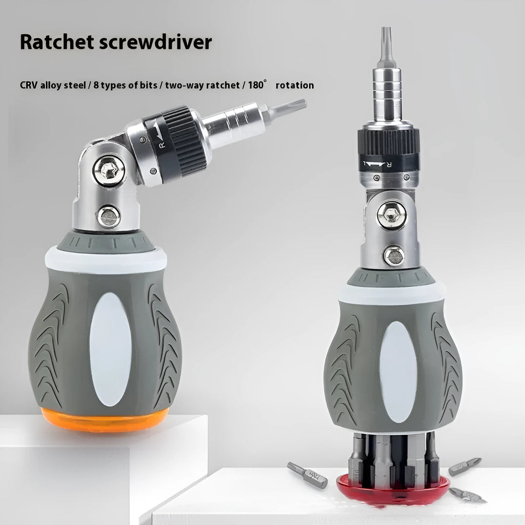 Multi-angle ratchet screwdriver set with chrome vanadium steel bits and red background extension rod