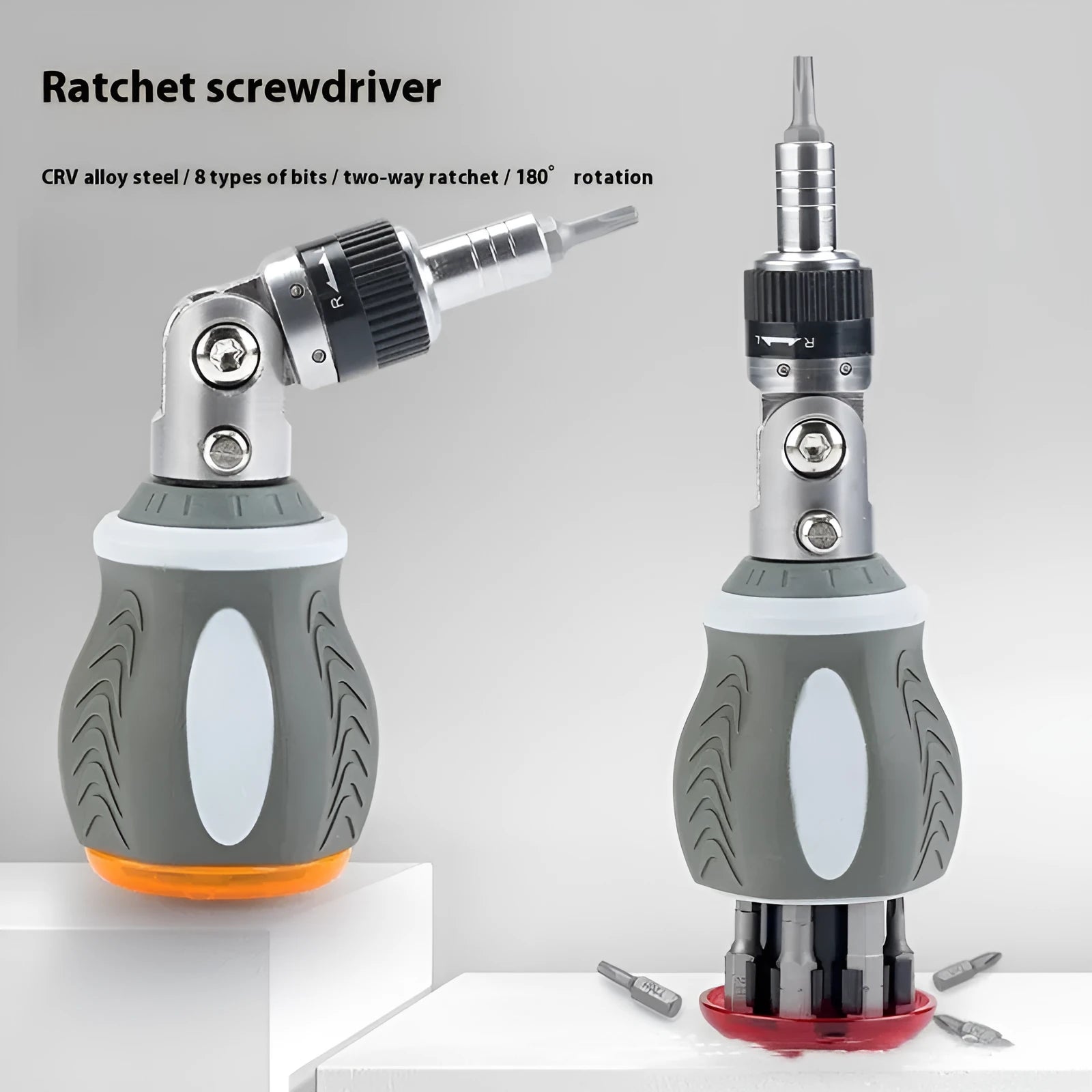 Multi-angle ratchet screwdriver set with chrome vanadium steel bits and red background extension rod