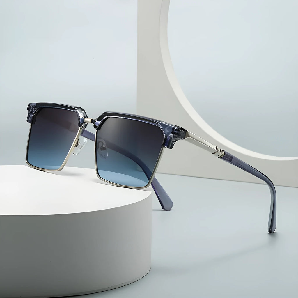 Men's square sunglasses with box frame design in six colour options including black, grey, tea, green and blue variations