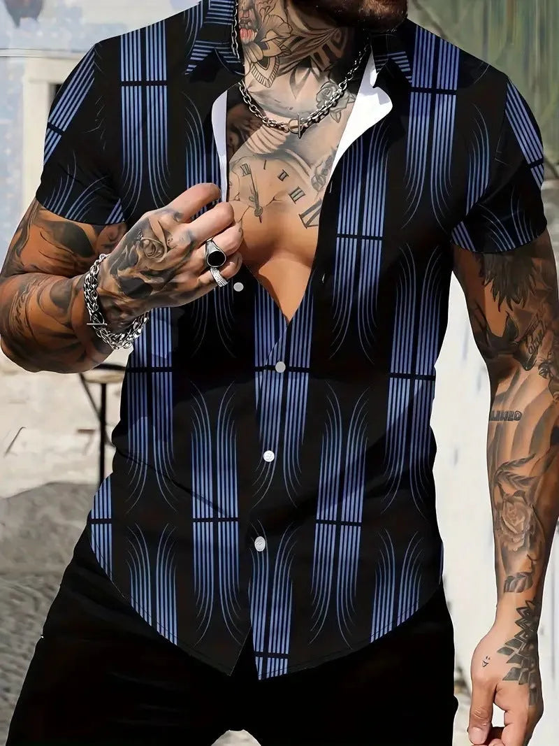 Men's slim fit geometric line printing lapel short sleeve shirt in cardigan style