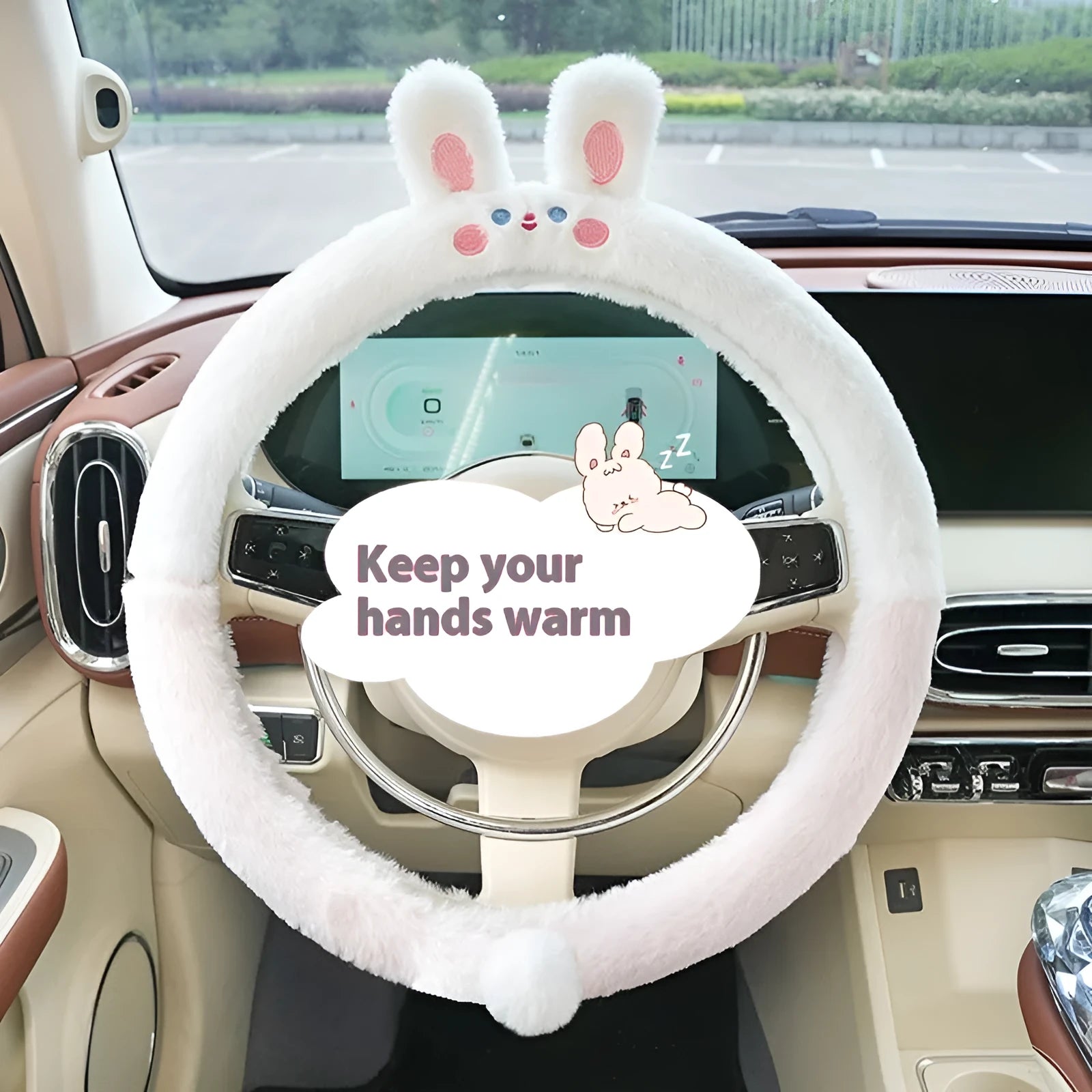 Plush rabbit fur steering wheel cover with embroidered cartoon design, shown fitted on a 38cm wheel.