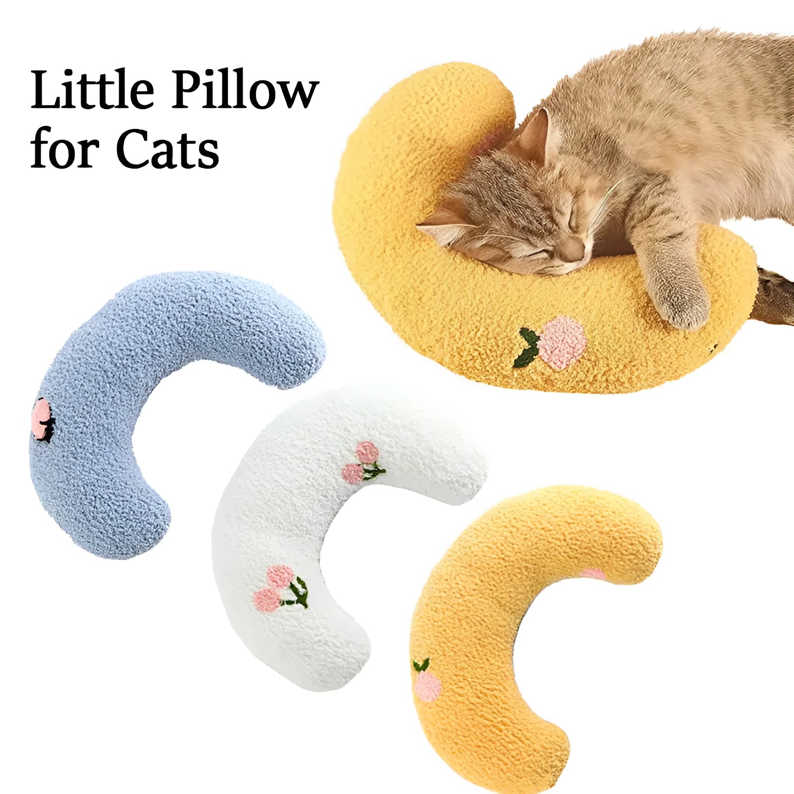 Small blue U-shaped pet pillow with faux fur, showing raised rim and half-donut shape for cats or small dogs.