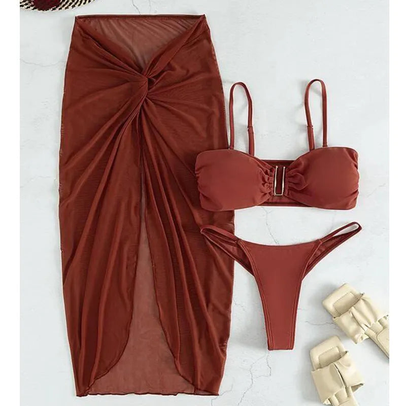 Women's French style bikini three-piece set with long culottes skirt in multiple colour options