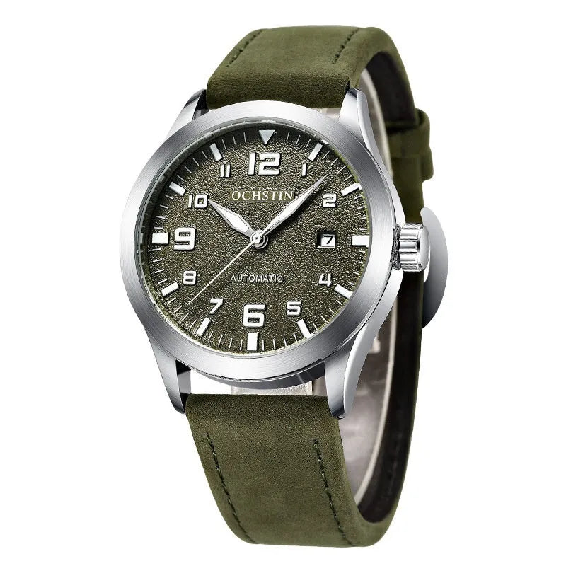 Men's retro automatic watch with leather strap in black and silver colour options