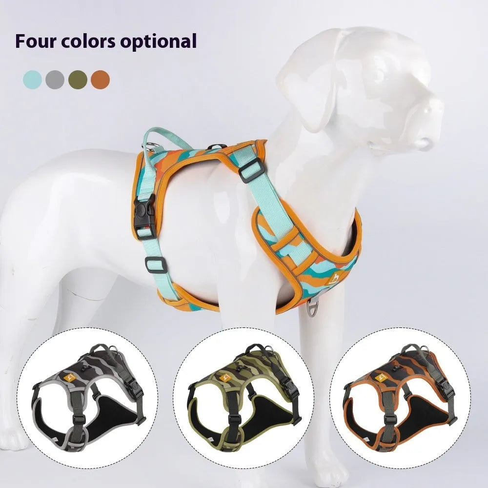 Reflective dog harness with dual attachment points in oxford cloth fabric