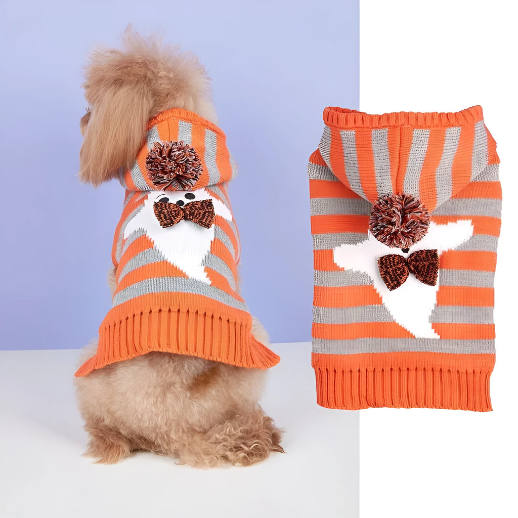 Orange Halloween pet sweater with striped pattern, fur ball decorations, and a hood for dogs or cats.