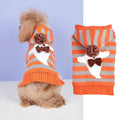 Orange Halloween pet sweater with striped pattern, fur ball decorations, and a hood for dogs or cats.