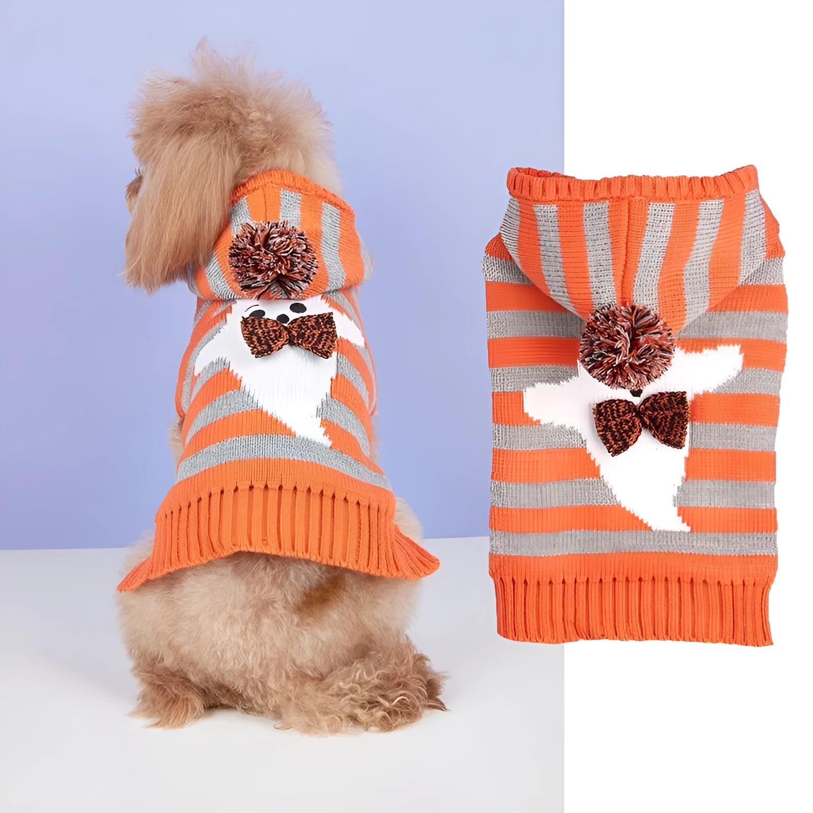 Orange Halloween pet sweater with striped pattern, fur ball decorations, and a hood for dogs or cats.
