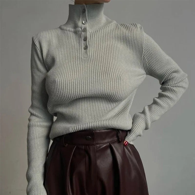 Retro breast half turtleneck pullover sweater slim fit silver gray core-spun yarn cotton lined