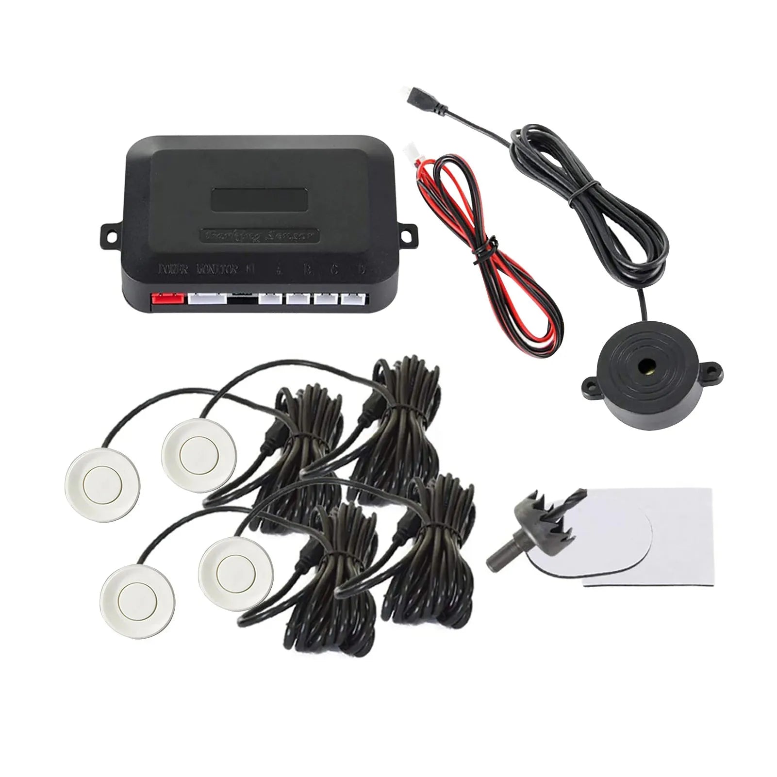 Four ultrasonic parking sensors and a buzzer control unit for a car reversing radar system.
