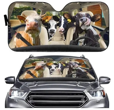 Aluminium foil car sun shield with a telescopic frame extended, designed for the front windshield.