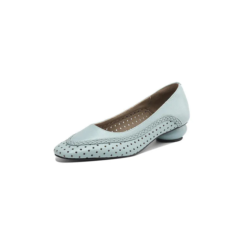 Women's shallow mouth hollow-out round toe mid heel sandals in beige goat skin with beef tendon sole