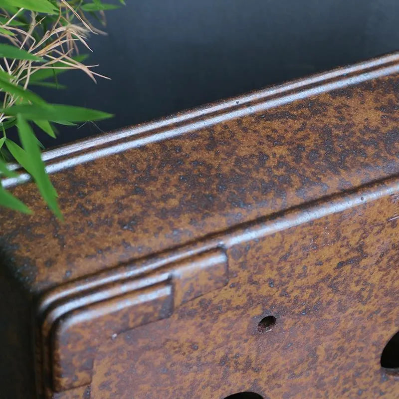 Large rectangular purple sand bonsai pot with five-line basin design and firewood burning texture.