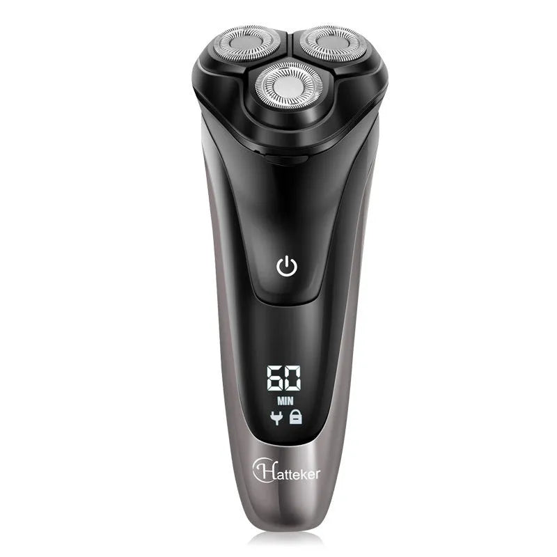 Men's electric shaver with three rotating floating heads and LED display shown with USB cable and grooming accessories.