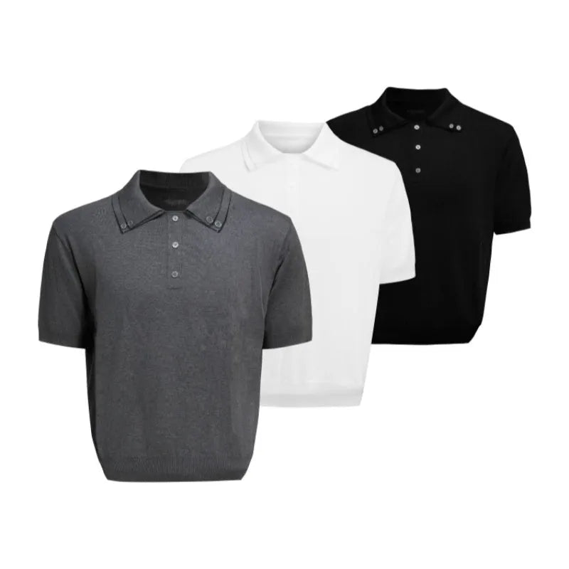 Men's slim fit knit short sleeve shirt with double collar design in black colour