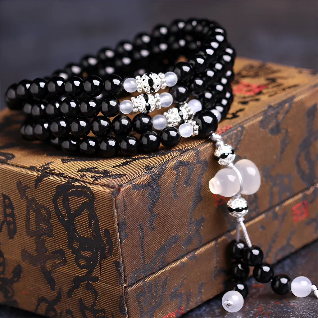 Natural black agate 108 beads bracelet geometric shape unisex fashion OL accessory