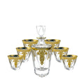 Gold line crystal glass whisky tumbler set with bottle and six glasses on white background