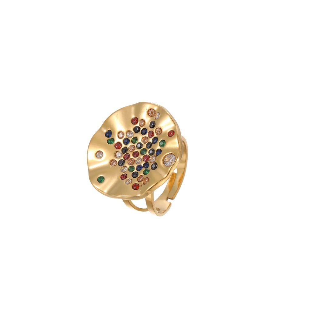 Pleated geometric titanium steel ring with crystal inlays and open mouth adjustable design