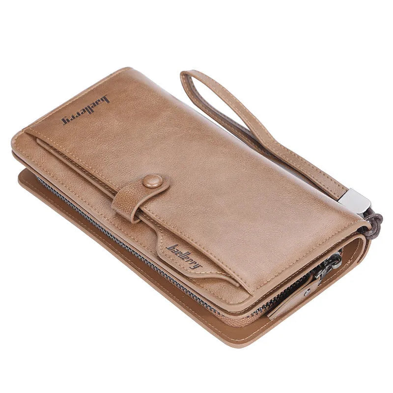 Men's retro soft PU leather multifunction phone bag wallet in brown with zippered pockets and card slots