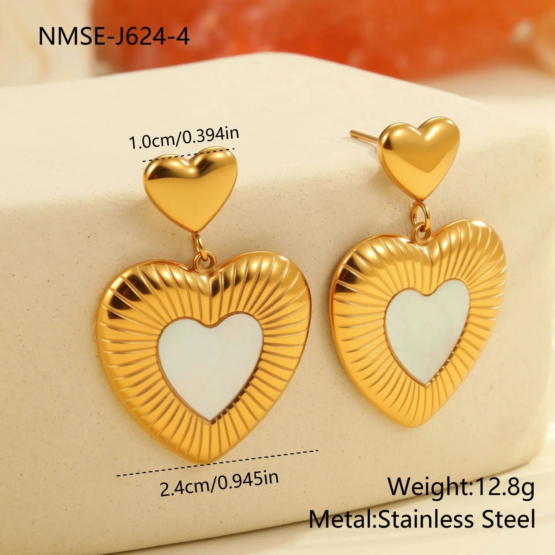Gold heart-shaped stainless steel earrings with 18K electroplating for women