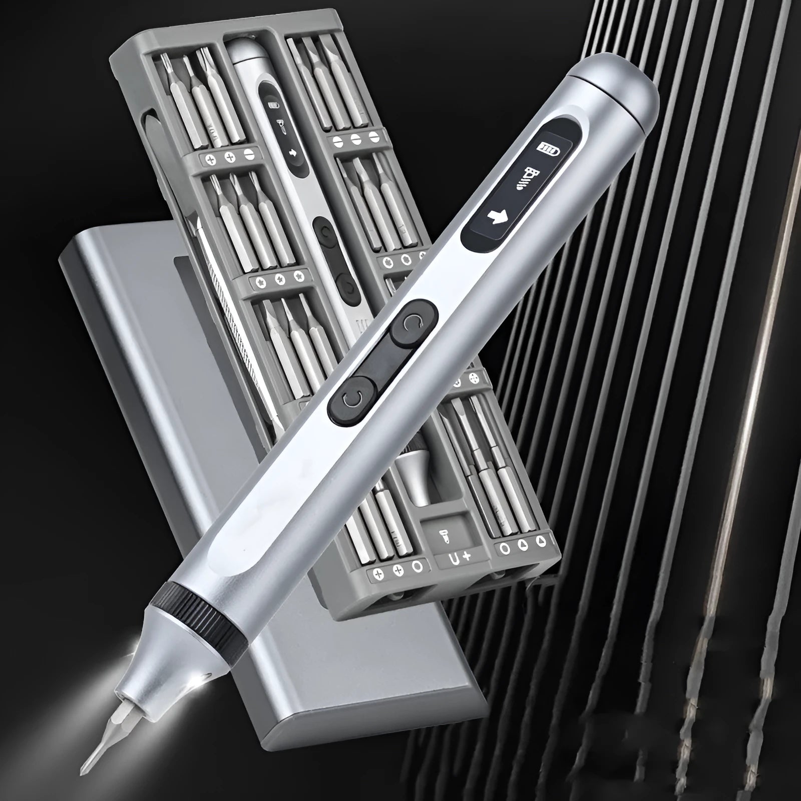 Precision electric screwdriver with aluminium alloy handle showing length and design