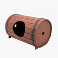Assembled wine barrel shaped cat bed made from three grey polyester felt panels with binding straps.
