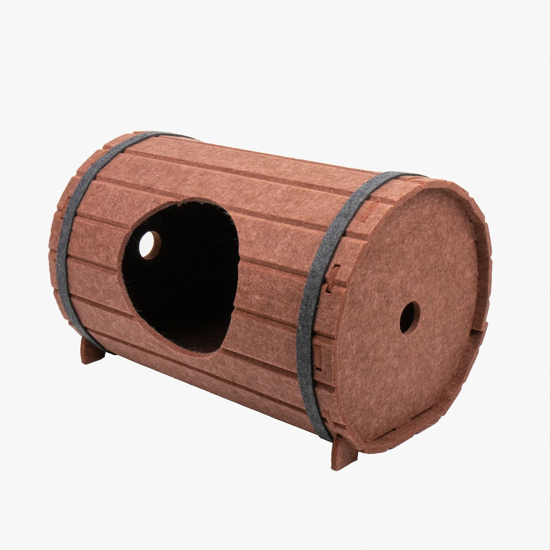 Assembled wine barrel shaped cat bed made from three grey polyester felt panels with binding straps.