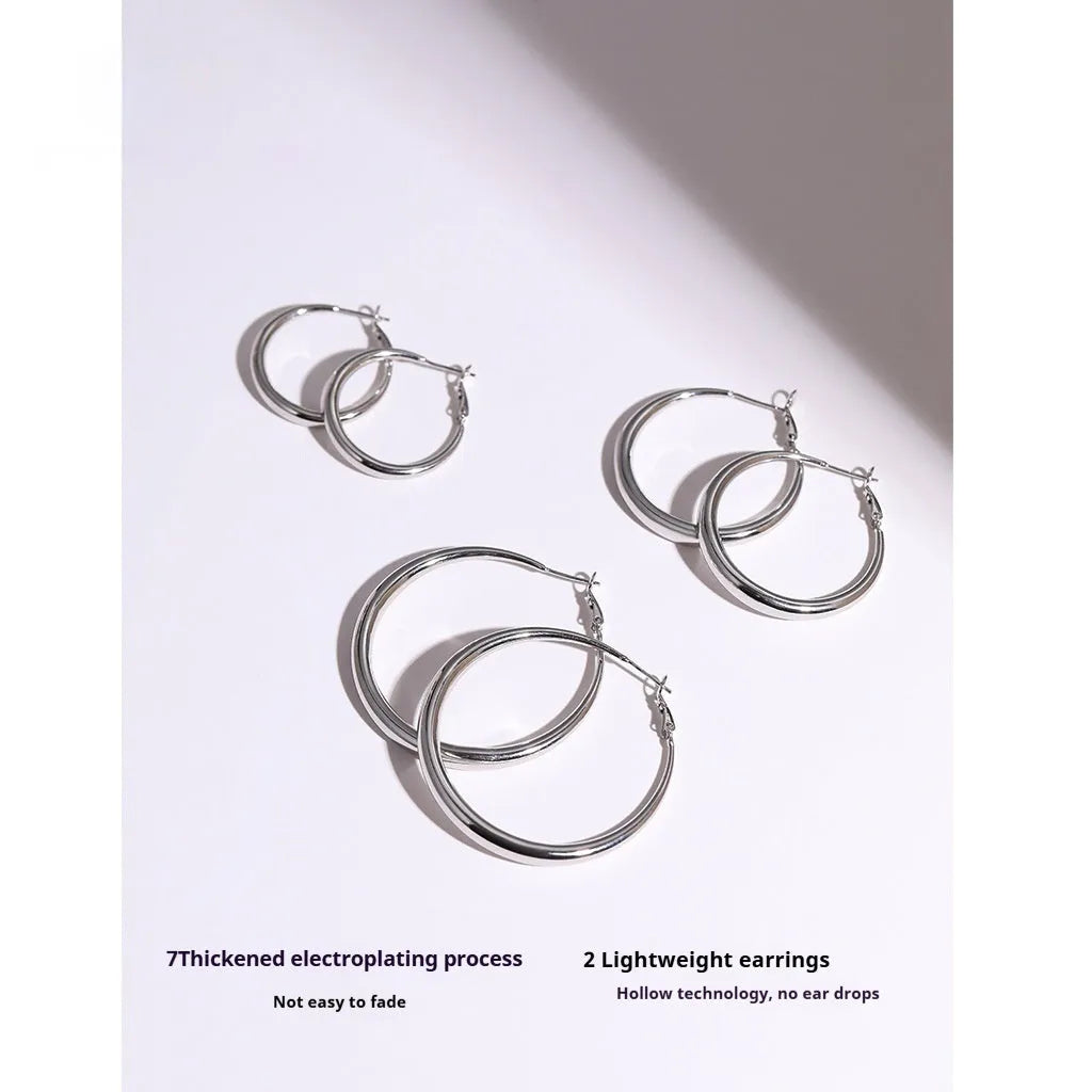 Silver needle big circle earrings high sense geometric platinum finish – 40mm size