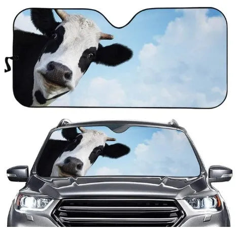Aluminium foil car sun shield with a telescopic frame extended, designed for the front windshield.