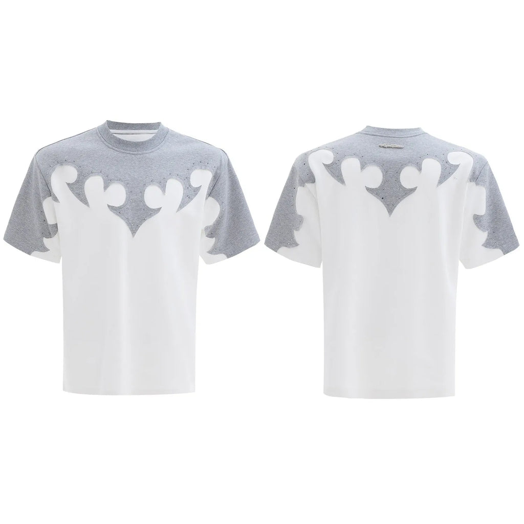 Men's grey cotton shirt with burnt flower embroidery and rhinestone details on the front.