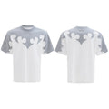 Men's grey cotton shirt with burnt flower embroidery and rhinestone details on the front.