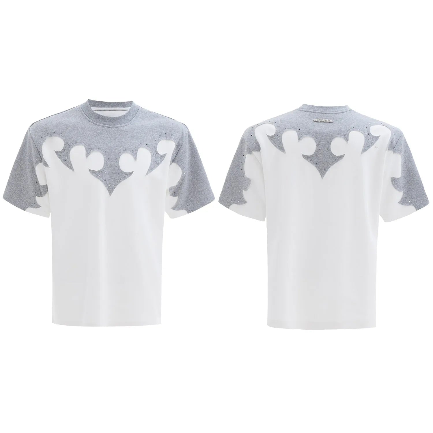 Men's grey cotton shirt with burnt flower embroidery and rhinestone details on the front.