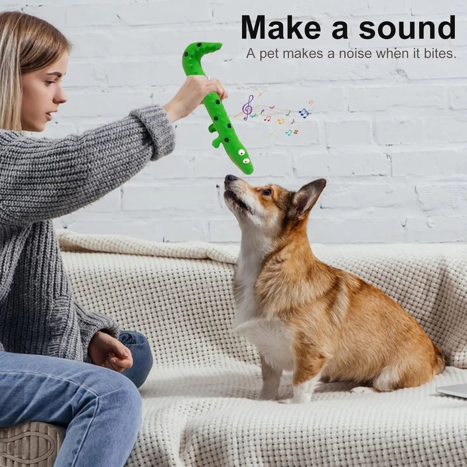 Green lizard-shaped dog chew toy with squeaker for small medium large breed dogs