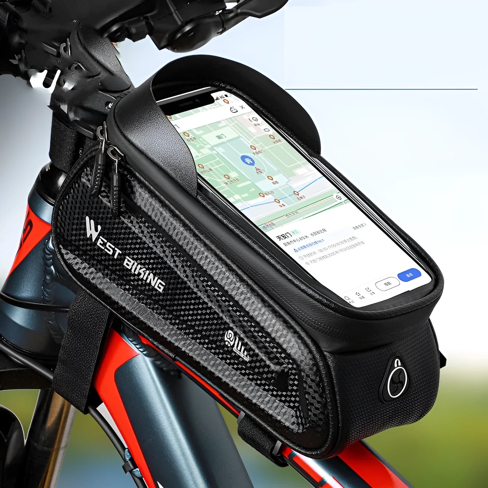Black EVA bicycle saddle bag with touch screen upper, 1.6L capacity, for 6.5 or 7.2 inch phones