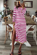 Striped long sleeve dress with contrast edge in Rose Stripe colour on display