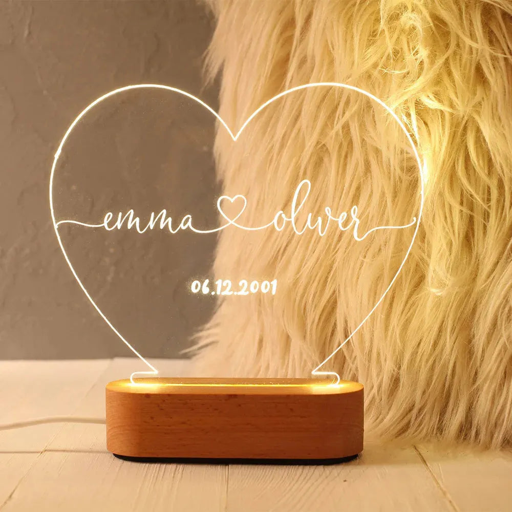 Custom LED night light with engraved names and date on transparent acrylic panel