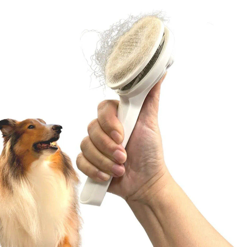 Blue self-cleaning slicker brush for dogs and cats with a non-slip rubber handle.