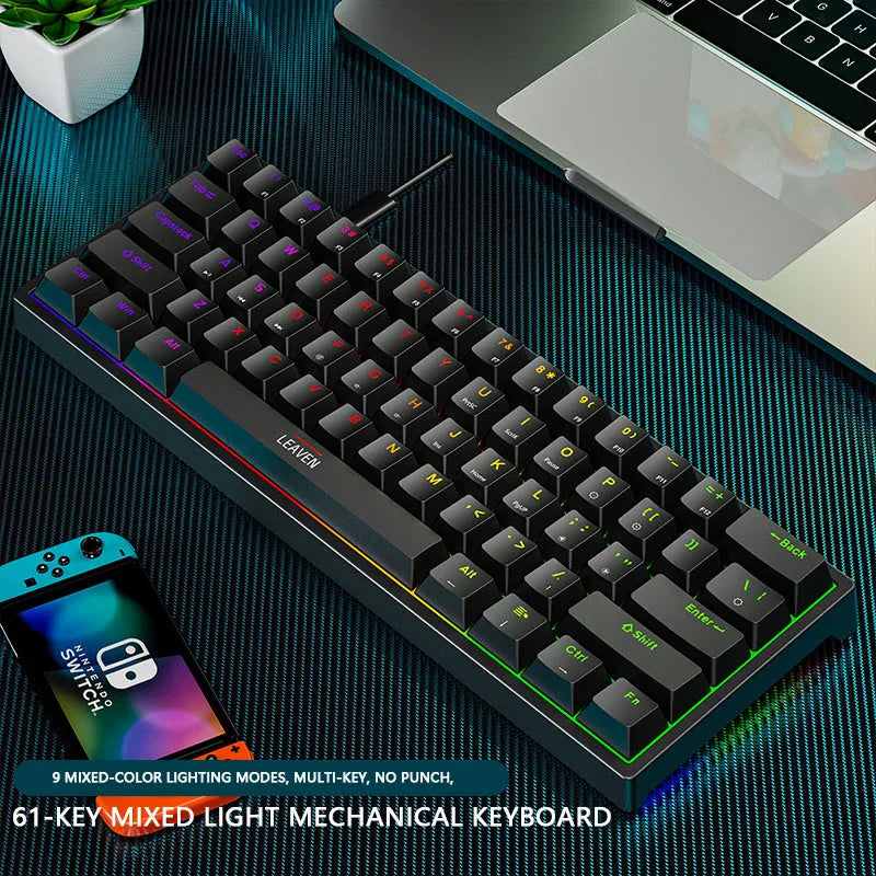 61-key blue switch mechanical keyboard with seven-color backlight, compact ABS build, Type-C wired connection
