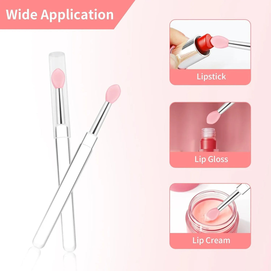 Reusable silicone lip brush with protective cap in one of eight colours: blue, pink, purple, red, rose red, skin colour, white, or yellow.