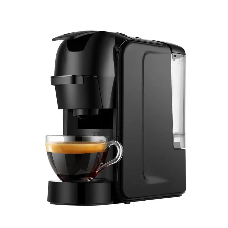 Black semi-automatic capsule coffee machine with 600ml capacity, 1450W heating, ABS body