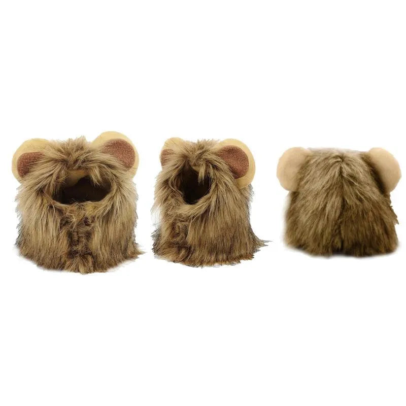 Adjustable lion mane pet wig with elastic band and plush ears for cats and small dogs