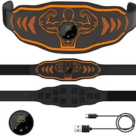 EMS smart massage belt fitness equipment in blue and orange colours with rechargeable host unit