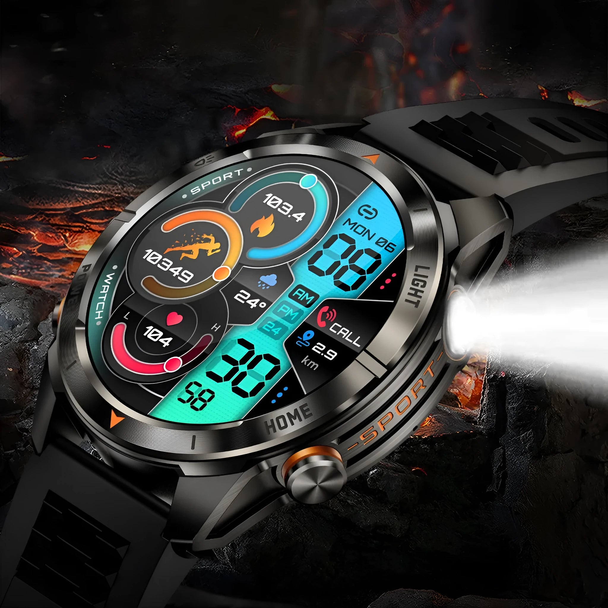KT80 Smart Watch with full HD IPS screen and black silicone strap showing Bluetooth calling and health monitoring features