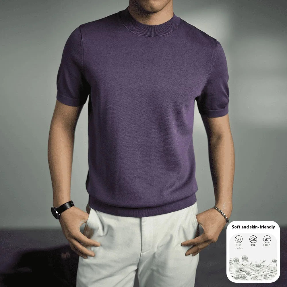 Men's solid colour knitted T-shirt with round neck and short sleeves on a hanger.