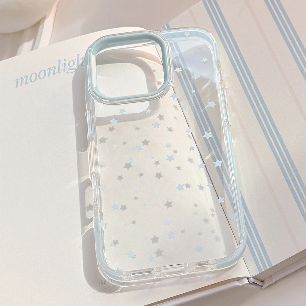 Blue stars drop-resistant TPU phone case for iPhone with transparent back and blue edge