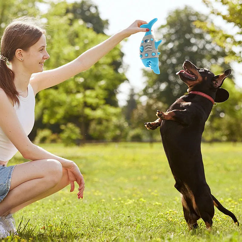 Blue silicone dog teething toy with shark-tooth texture and hollow centre for treats