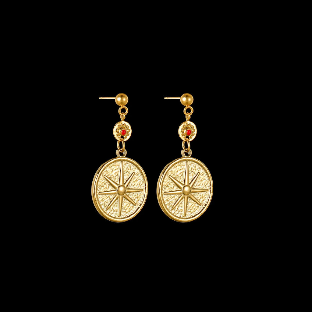 Stainless steel geometric drop earrings in Eight Awn Star, Eye, and Shell Sun designs.