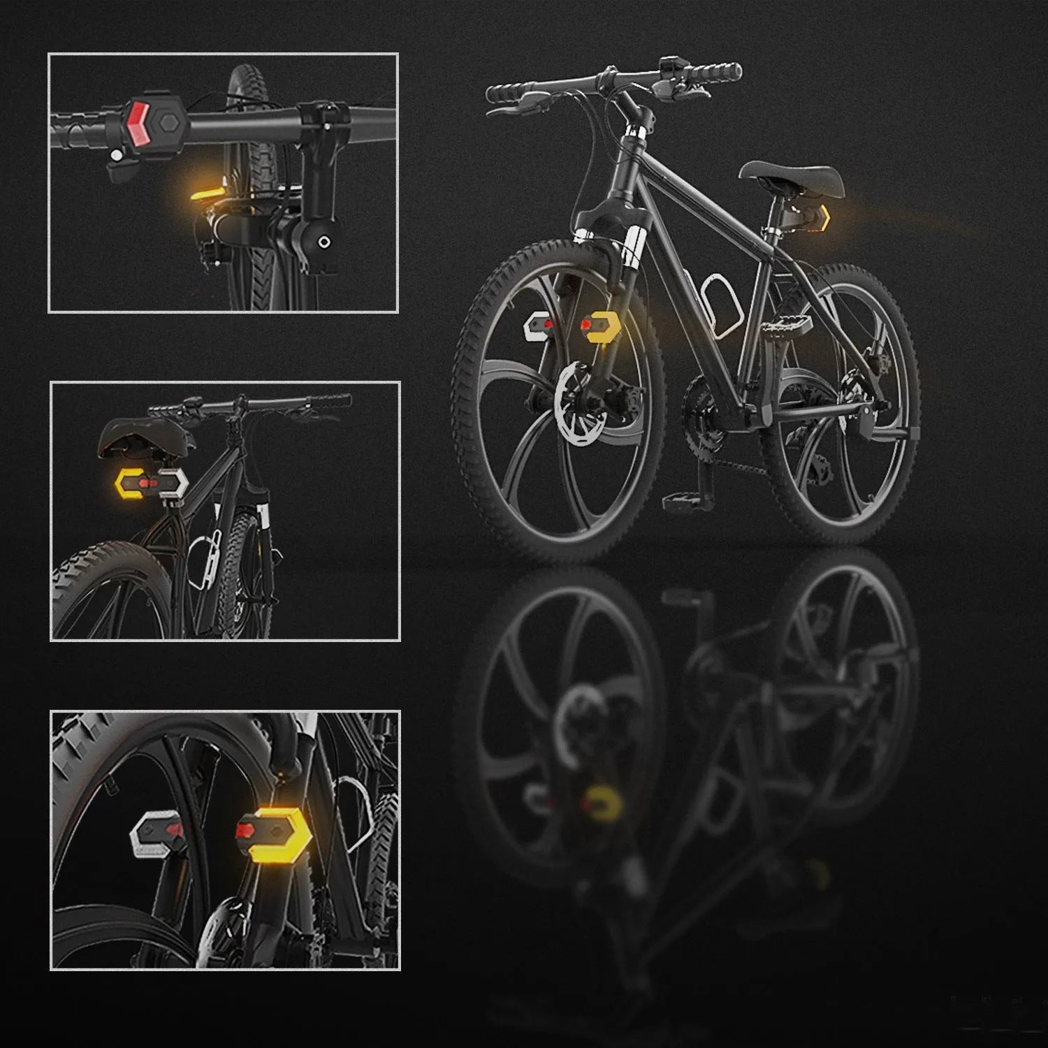 Black wireless bicycle turn signal set with remote control and USB charging cable on a bike frame