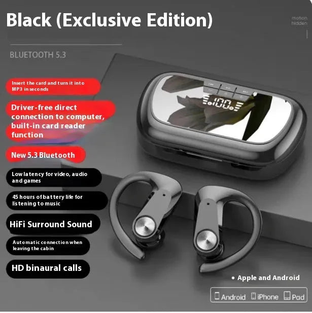 Sports running in-ear headset in black Q2S with ear hook design and digital display