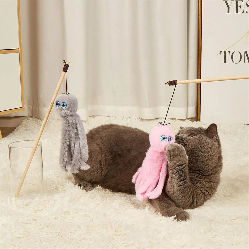Octopus theme cat toy with long stick in bright colours for indoor kitten play